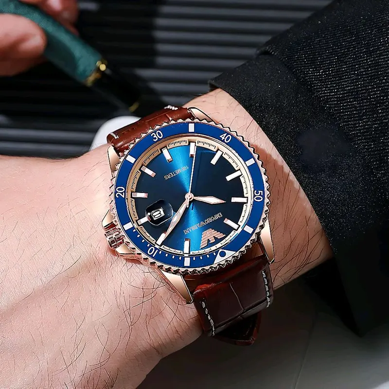 Emporio Armani Diver Blue Dial Leather Men's Watch- AR11556